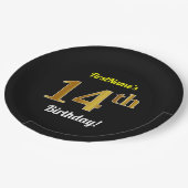 ブラック、フェイク金ゴールド14番目の誕生日+名前をカスタムする ペーパープレート (アングル)