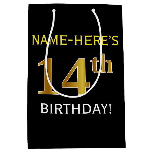 ブラック、フェイク金ゴールド14番目の誕生日+名前をカスタムする ミディアムペーパーバッグ (正面)