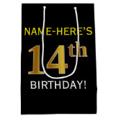 ブラック、フェイク金ゴールド14番目の誕生日+名前をカスタムする ミディアムペーパーバッグ (裏面)
