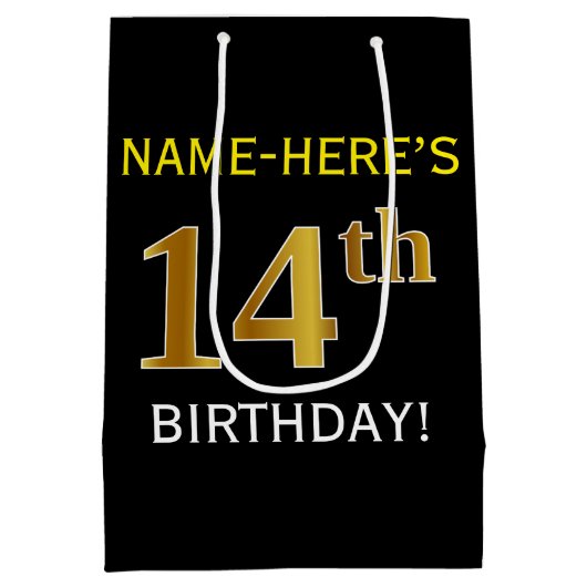 ブラック、フェイク金ゴールド14番目の誕生日+名前をカスタムする ミディアムペーパーバッグ (裏面)