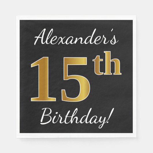 ブラック、フェイク金ゴールド15誕生日+名前をカスタムする スタンダードランチョンナプキン (正面)
