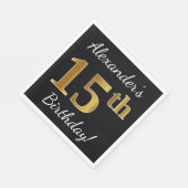 ブラック、フェイク金ゴールド15誕生日+名前をカスタムする スタンダードランチョンナプキン (角)