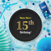 ブラック、フェイク金ゴールド15誕生日+名前をカスタムする ペーパープレート (パーティー)