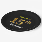 ブラック、フェイク金ゴールド15誕生日+名前をカスタムする ペーパープレート (アングル)