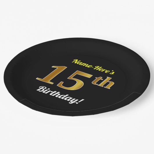 ブラック、フェイク金ゴールド15誕生日+名前をカスタムする ペーパープレート (アングル)