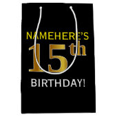 ブラック、フェイク金ゴールド15誕生日+名前をカスタムする ミディアムペーパーバッグ (正面)