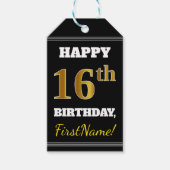 ブラック、フェイク金ゴールド16番目の誕生日+名前をカスタムする ギフトタグ (正面)