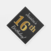 ブラック、フェイク金ゴールド16番目の誕生日+名前をカスタムする スタンダードランチョンナプキン (角)