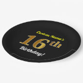ブラック、フェイク金ゴールド16番目の誕生日+名前をカスタムする ペーパープレート (アングル)