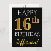 ブラック、フェイク金ゴールド16番目の誕生日+名前をカスタムする ポストカード (正面/裏面)