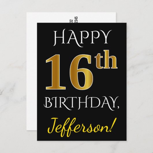 ブラック、フェイク金ゴールド16番目の誕生日+名前をカスタムする ポストカード (正面/裏面)