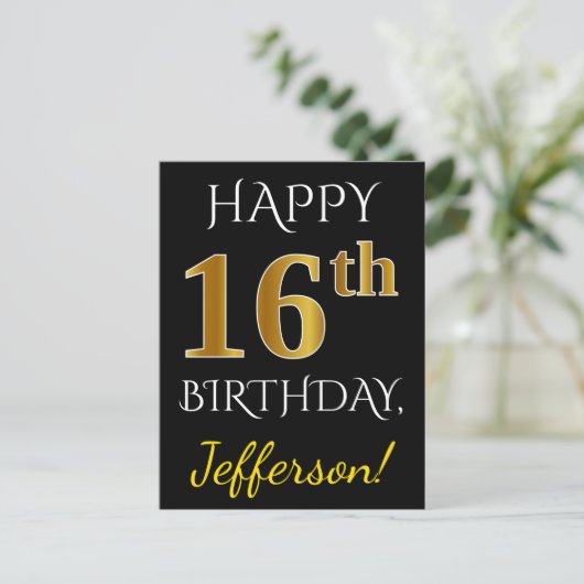 ブラック、フェイク金ゴールド16番目の誕生日+名前をカスタムする ポストカード (スタンド正面)