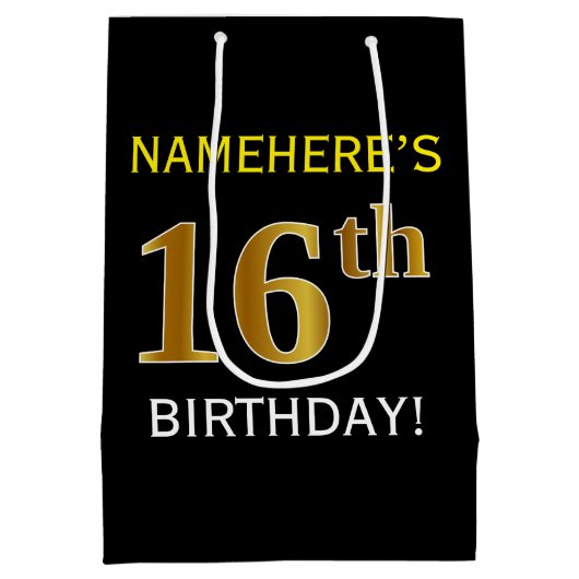 ブラック、フェイク金ゴールド16番目の誕生日+名前をカスタムする ミディアムペーパーバッグ (裏面)