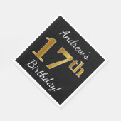 ブラック、フェイク金ゴールド17番目の誕生日+名前をカスタムする スタンダードランチョンナプキン (角)