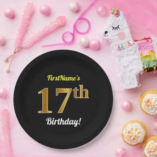 ブラック、フェイク金ゴールド17番目の誕生日+名前をカスタムする ペーパープレート (パーティー)