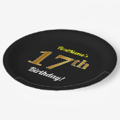 ブラック、フェイク金ゴールド17番目の誕生日+名前をカスタムする ペーパープレート (アングル)