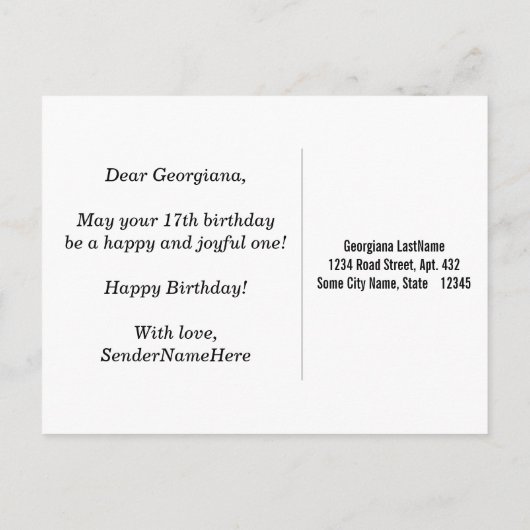 ブラック、フェイク金ゴールド17番目の誕生日+名前をカスタムする ポストカード (裏面)