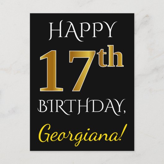 ブラック、フェイク金ゴールド17番目の誕生日+名前をカスタムする ポストカード (正面)