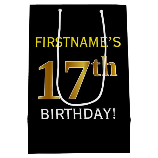 ブラック、フェイク金ゴールド17番目の誕生日+名前をカスタムする ミディアムペーパーバッグ (裏面)