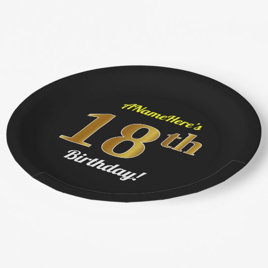ブラック、フェイク金ゴールド18誕生日+名前をカスタムする ペーパープレート (アングル)