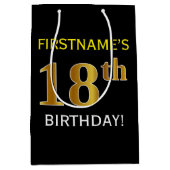 ブラック、フェイク金ゴールド18誕生日+名前をカスタムする ミディアムペーパーバッグ (正面)