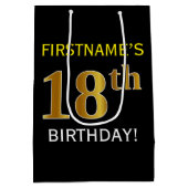 ブラック、フェイク金ゴールド18誕生日+名前をカスタムする ミディアムペーパーバッグ (裏面)
