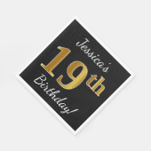 ブラック、フェイク金ゴールド19誕生日+名前をカスタムする スタンダードランチョンナプキン (角)