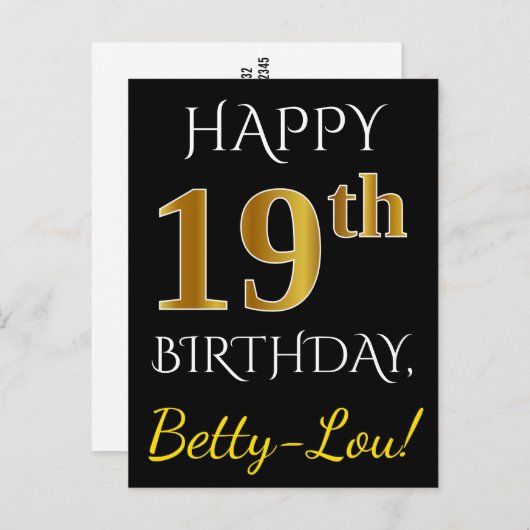 ブラック、フェイク金ゴールド19誕生日+名前をカスタムする ポストカード (正面/裏面)