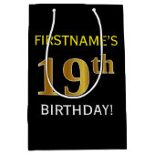 ブラック、フェイク金ゴールド19誕生日+名前をカスタムする ミディアムペーパーバッグ (正面)
