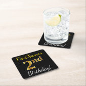 ブラック、フェイク金ゴールド2回目の誕生日+名前をカスタムする スクエアペーパーコースター (インサイチュ)