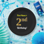 ブラック、フェイク金ゴールド2回目の誕生日+名前をカスタムする ペーパープレート (パーティー)