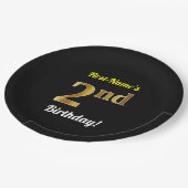 ブラック、フェイク金ゴールド2回目の誕生日+名前をカスタムする ペーパープレート (アングル)