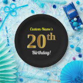 ブラック、フェイク金ゴールド20誕生日+名前をカスタムする ペーパープレート (パーティー)