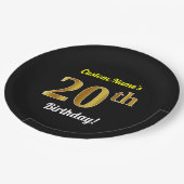 ブラック、フェイク金ゴールド20誕生日+名前をカスタムする ペーパープレート (アングル)
