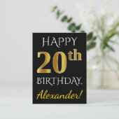 ブラック、フェイク金ゴールド20誕生日+名前をカスタムする ポストカード (スタンド正面)