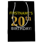ブラック、フェイク金ゴールド20誕生日+名前をカスタムする ミディアムペーパーバッグ (正面)