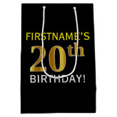 ブラック、フェイク金ゴールド20誕生日+名前をカスタムする ミディアムペーパーバッグ (裏面)