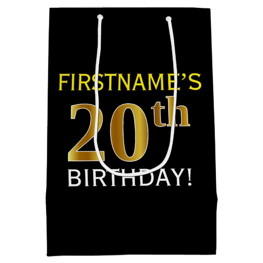 ブラック、フェイク金ゴールド20誕生日+名前をカスタムする ミディアムペーパーバッグ (裏面)