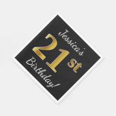 ブラック、フェイク金ゴールド21歳の誕生日+名前をカスタムする スタンダードランチョンナプキン (角)