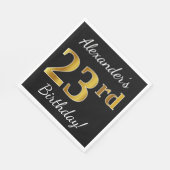 ブラック、フェイク金ゴールド23番目の誕生日+名前をカスタムする スタンダードランチョンナプキン (角)
