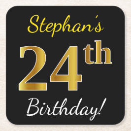 ブラック、フェイク金ゴールド24番目の誕生日+名前をカスタムする スクエアペーパーコースター