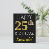 ブラック、フェイク金ゴールド25誕生日+名前をカスタムする ポストカード (スタンド正面)