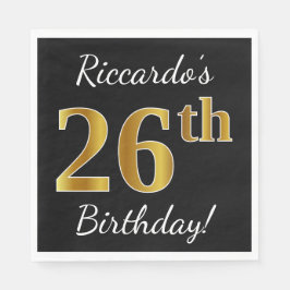 ブラック、フェイク金ゴールド26番目の誕生日+名前をカスタムする スタンダードランチョンナプキン