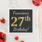 ブラック、フェイク金ゴールド27番目の誕生日+名前をカスタムする スタンダードランチョンナプキン (インサイチュ)