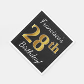ブラック、フェイク金ゴールド28誕生日+名前をカスタムする スタンダードランチョンナプキン (角)