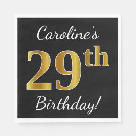ブラック、フェイク金ゴールド29誕生日+名前をカスタムする スタンダードランチョンナプキン