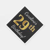 ブラック、フェイク金ゴールド29誕生日+名前をカスタムする スタンダードランチョンナプキン (角)