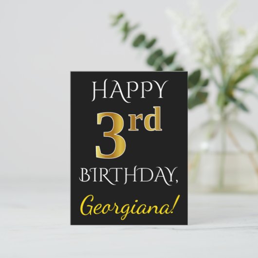 ブラック、フェイク金ゴールド3回目の誕生日+名前をカスタムする ポストカード (スタンド正面)