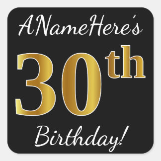 ブラック、フェイク金ゴールド30歳の誕生日+名前をカスタムする スクエアシール