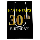 ブラック、フェイク金ゴールド30歳の誕生日+名前をカスタムする ミディアムペーパーバッグ (裏面)